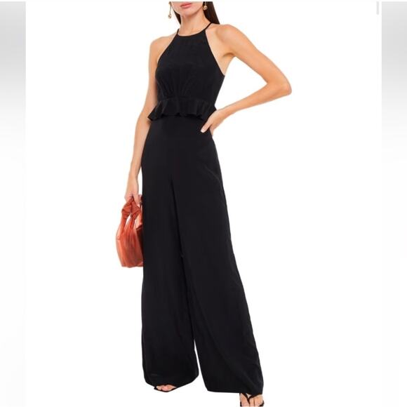 Zimmermann Ruffle Trimmed Silk Crepe De Chine Jumpsuit Size 1/S Black Wide Leg - Picture 1 of 15